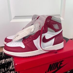 Nike Women’s Air Jordan 1 Retro Hi OG Red and White High-Tops Chenille Sneakers